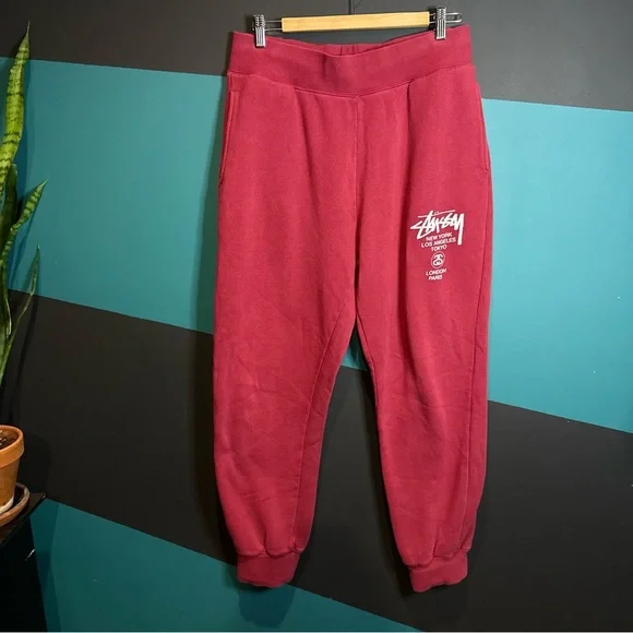 Stussy Men's Burgundy-Red World Tour Joggers Cotton - Picture 3 of 11
